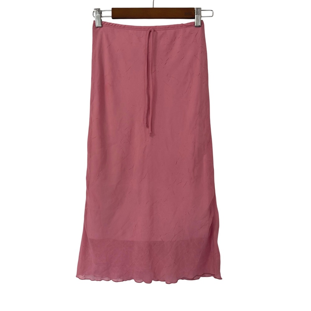 VTG Von Mozart Pink Textured Sheer Overlay Midi Skirt S Lettuce Hem Y2K Coquette